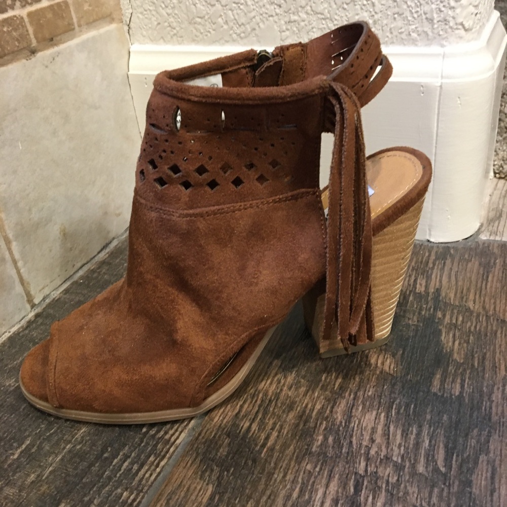 Brown Suede Fringe Ankle Heel Booties